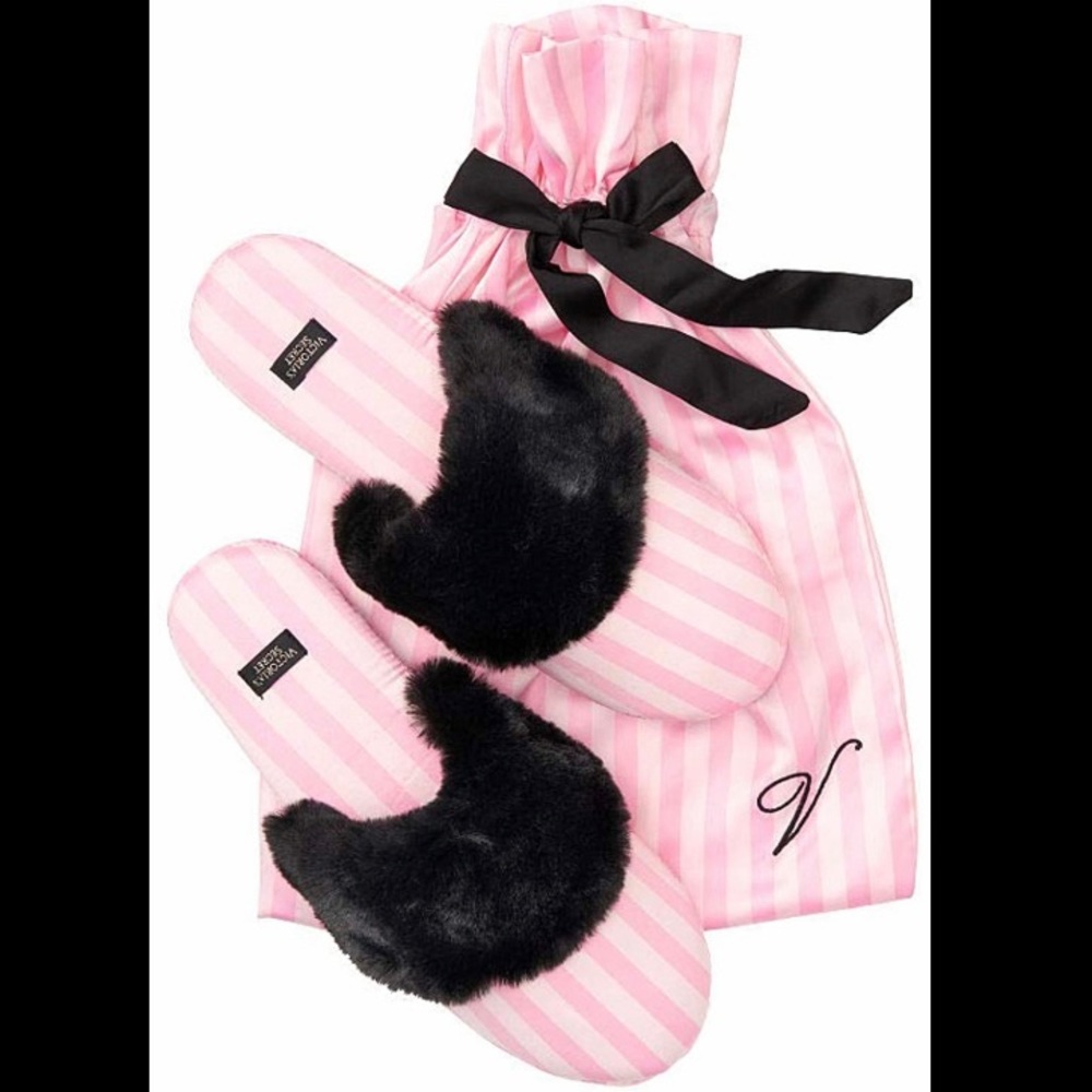 Victoria's Secret Satin Slippers Stripe Faux Fur